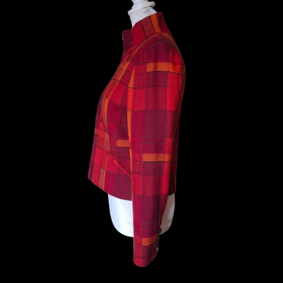 Vintage Carlisle Plaid Red Orange Cropped Long Sleeve Wool Jacket Women Size 2 - Picture 6 of 16